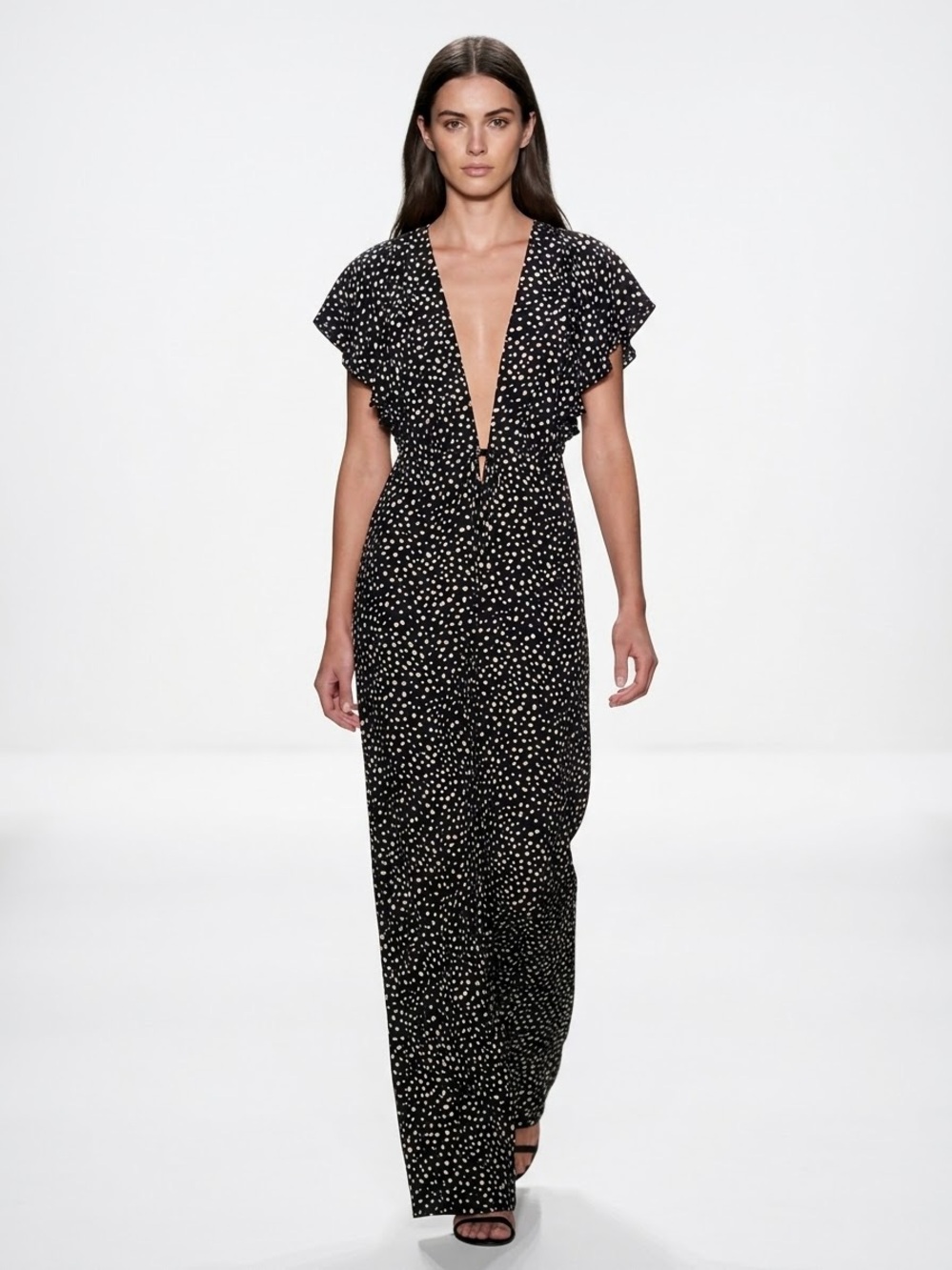 Stone Cold Fox Tulum Jumpsuit 100% Silk Polka Dot Plunge Wide Leg Black Size 2